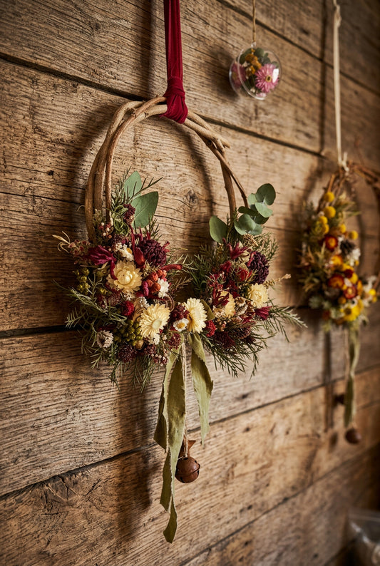 A rustic dried flower wreath hanging on a beige wall, featuring natural twig branches, cream and burgundy dried flowers, green pine needles, and a hanging olive-green ribbon with a small acorn charm. Another matching wreath is visible in the background on the right.