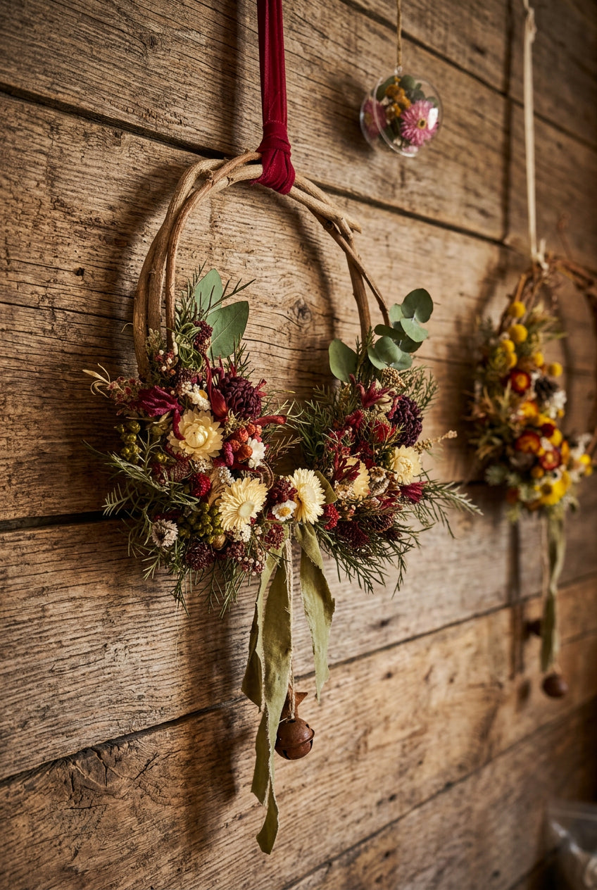 A rustic dried flower wreath hanging on a beige wall, featuring natural twig branches, cream and burgundy dried flowers, green pine needles, and a hanging olive-green ribbon with a small acorn charm. Another matching wreath is visible in the background on the right.