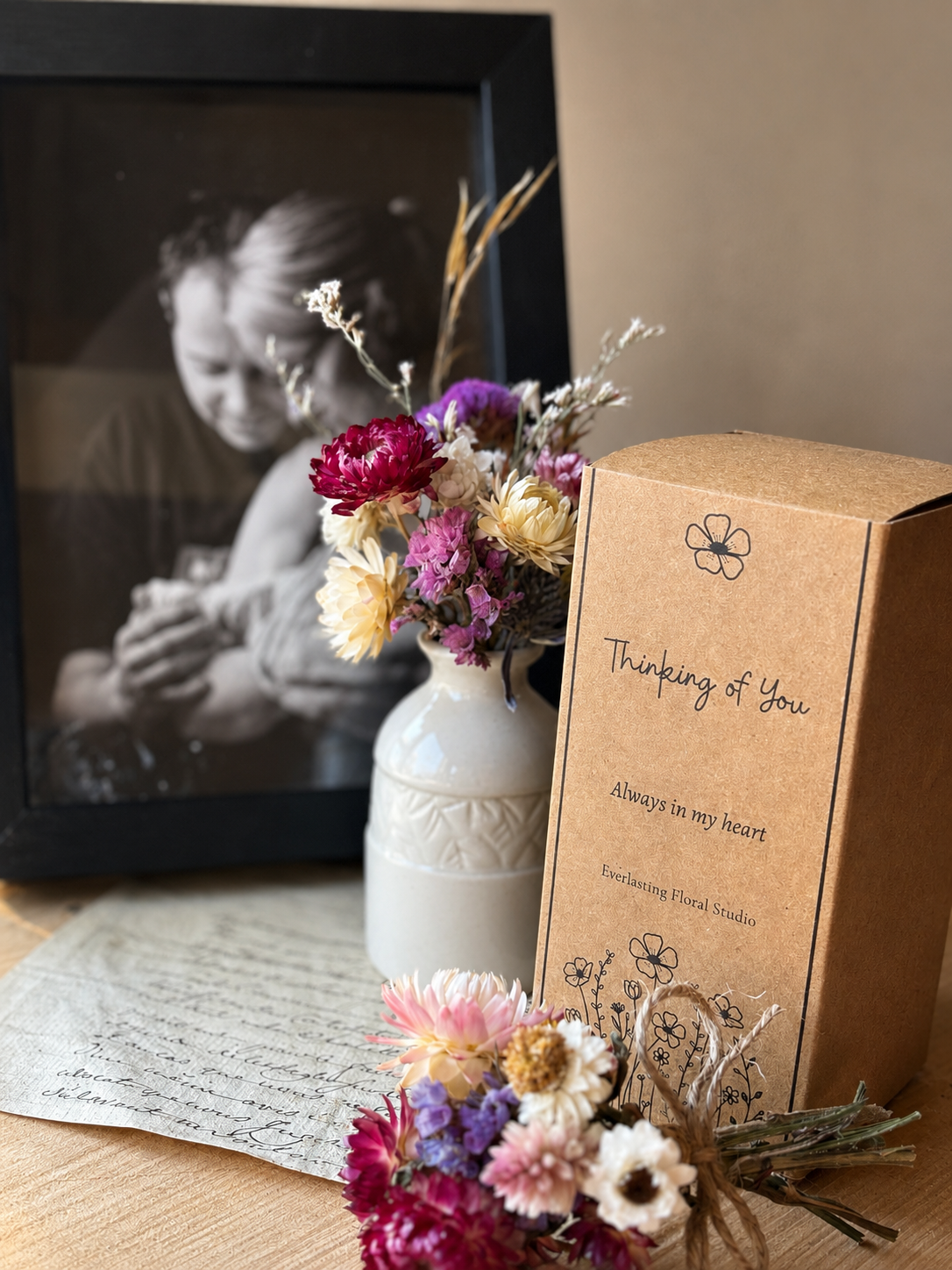 Complete gift box bundle — posy, card and wreath option from Everlasting Floral Studio
