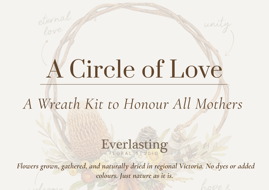 Wreath kit packaging with text 'A Circle of Love' and branding details on a light background.