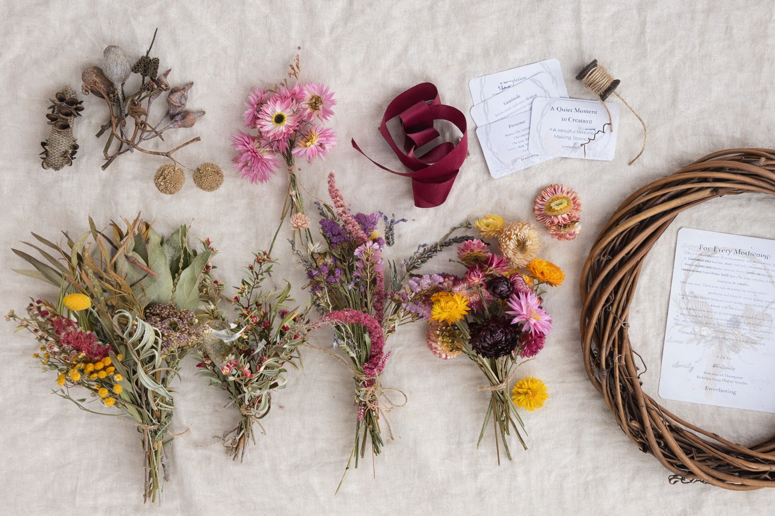 Dried flowers and wreath on a textured surface