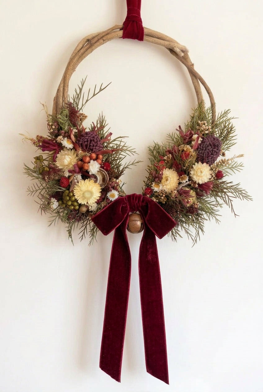 A rustic dried flower wreath hanging on a beige wall, featuring natural driftwood branches, green pine branches, burgundy berries, cream daisies, and olive-green ribbon accents.