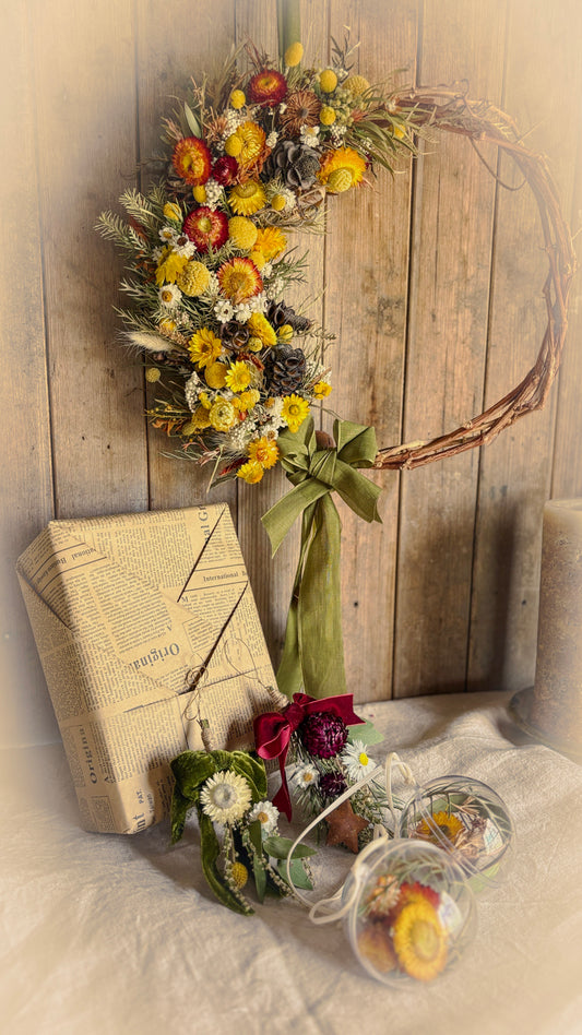 Banksia Christmas Bundle with a handmade banksia wreath, botanical baubles and native hanging decorations