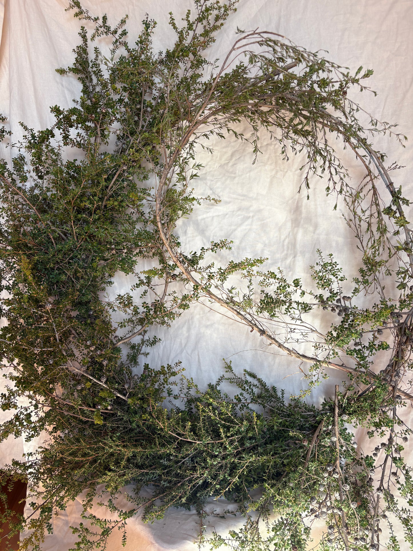 Wreath made of green branches on a textured beige background