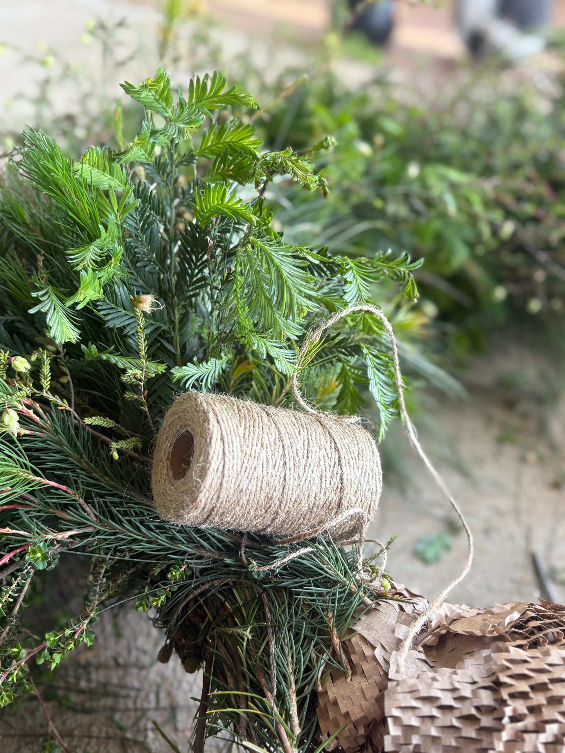 Bouquet of greenery with a roll of twine on a blurred natural background