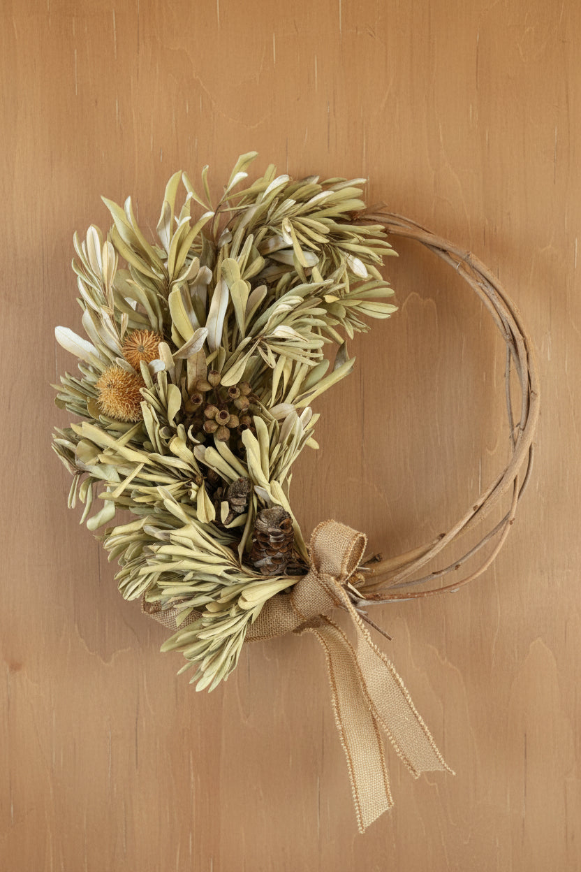 Decorative arrangement of greenery with a gold bow on a wooden surface.