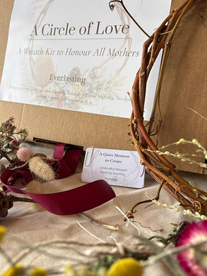 Wreath kit with instructions and decorative elements on a cardboard surface