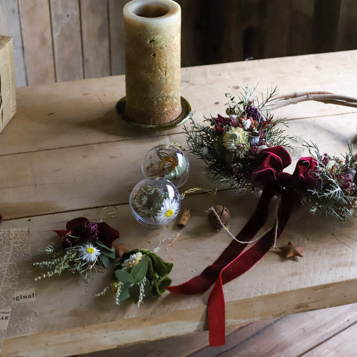 Waratah Christmas Bundle with a handmade waratah wreath, botanical baubles and native hanging decorations