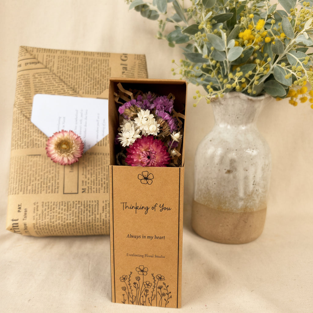 A boxed arrangement of dried flowers in a brown kraft paper box with printed text reading 'Thinking of You' and 'Always in my heart' by Freshflower Floral Studio. The box is open to show purple, pink, and white dried flowers.
